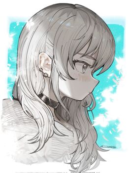 1girl black_choker blush choker closed_mouth commentary earclip girls_band_cry grey_eyes grey_hair hashtag-only_commentary highres kawaragi_momoka llllwewewe long_hair red_eyes sidelocks solo