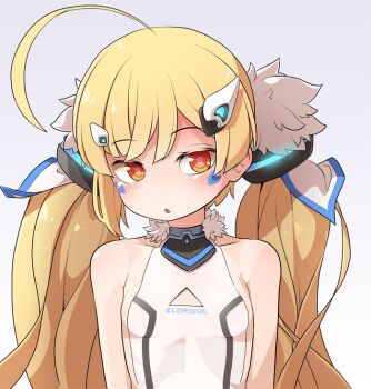 Rule 34 | 1girl, akaino (akaomi), arms at sides, azur lane, blonde hair, blush, breasts, bright pupils, chestnut mouth, collarbone, commentary request, eldridge (azur lane), facial mark, female focus, fur collar, glowing, half-closed eyes, long hair, looking at viewer, open mouth, raised eyebrows, red eyes, small breasts, solo, twintails, upper body, very long hair