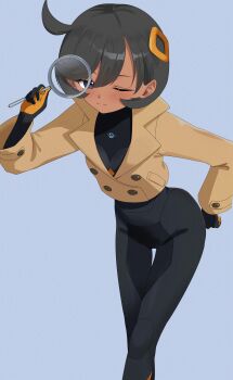 1girl :3 absurdres aged_up black_bodysuit black_gloves black_hair blush bodysuit bodysuit_under_clothes breasts brown_jacket closed_mouth cowlick d_(delt4) dark-skinned_female dark_skin emma_(pokemon) gloves hair_between_eyes hair_ornament hand_on_own_hip highres holding holding_magnifying_glass jacket latex latex_bodysuit leaning_forward long_sleeves looking_at_viewer magnifying_glass mega_stone nintendo one_eye_closed orange_gloves pokemon pokemon_legends:_z-a purple_eyes short_hair sidelocks simple_background small_breasts solo standing swept_bangs thigh_gap two-tone_gloves