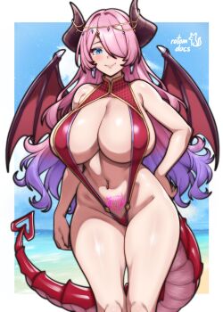 1girl absurdres armpit_crease artist_name beach blue_eyes blue_sky breasts cleavage cloud collared_slingshot_swimsuit commentary commission cowboy_shot demon_girl demon_horns demon_wings earrings english_commentary full_cleavage gradient_hair hair_over_one_eye hand_on_own_hip highres horns huge_breasts jewelry ko-fi_commission light_blush long_hair looking_at_viewer mature_female multicolored_hair navel navel_piercing ocean one_eye_covered original parted_bangs piercing pink_hair pink_tattoo pubic_tattoo purple_hair red_slingshot_swimsuit red_tail red_wings rotomdocs sideboob signature sky slingshot_swimsuit smile solo standing stomach swimsuit tail tattoo tooth_earrings very_long_hair wings