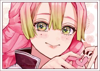 1girl absurdres asaki_illust close-up commentary_request eyelashes green_eyes green_hair hair_between_eyes heart heart_hands high_collar highres kanroji_mitsuri kimetsu_no_yaiba looking_at_viewer mole mole_under_each_eye mole_under_eye multiple_moles notice_lines pink_hair pink_lips sidelocks smile solo twitter_username