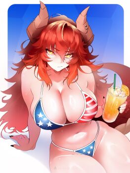 1girl absurdres akigane217 american_flag american_flag_bikini american_flag_print bare_arms bare_legs bare_shoulders bikini black_nails blue_background breasts cleavage commentary cup dragon_girl dragon_horns dragon_tail drinking_glass drinking_straw english_commentary flag_print flag_print_bikini food fruit hair_between_eyes highres holding holding_cup horn_piercing horns ice ice_cube large_breasts long_hair looking_at_viewer multicolored_bikini navel official_alternate_costume orange_(fruit) orange_eyes orange_slice print_bikini red_hair simple_background sitting socks_agency solo stomach string_bikini swimsuit tail virtual_youtuber white_background zentreya zentreya_(dragon) zentreya_(dragon)_(cowboy_bikini)