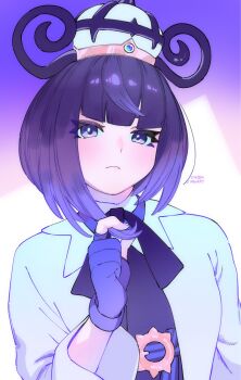 1girl black_dress black_hair black_ribbon blunt_bangs closed_mouth coat commentary dress eyelashes frown gloves gwynn_(pokemon) hand_up hat highres long_hair neck_ribbon nintendo open_clothes open_coat partially_fingerless_gloves pokemon pokemon_legends:_z-a purple_gloves ribbon solo upper_body valentine_(02140314c)