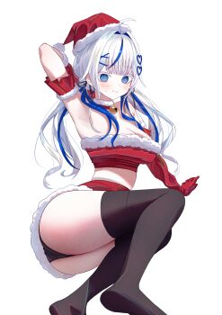 1girl @_@ absurdres ahoge aokumo_rin arm_behind_head armpits bell black_panties black_thighhighs blue_eyes blue_hair blue_streaks blush breasts choigoli cleavage closed_mouth commentary_request elbow_gloves feet foot_out_of_frame gloves grey_hair hair_ornament hat heart heart_hair_ornament highres korean_commentary long_hair looking_at_viewer midriff multicolored_hair neck_bell no_shoes panties presenting_armpit red_gloves red_hat red_skirt santa_hat simple_background skirt solo stellive streaked_hair sweat thighhighs underwear virtual_youtuber white_background x_hair_ornament