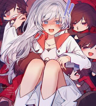 ! akane031 artist_name blue_eyes blush chibi dress gradient_hair highres knees_up long_hair multicolored_hair multiple_girls red_dress red_hair rejected_kiss ruby_rose rwby scar scar_across_eye scar_on_face sharp_teeth short_hair surrounded teeth weiss_schnee white_dress white_hair yuri