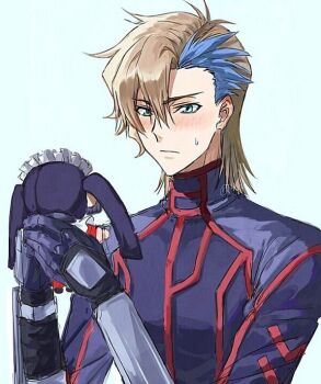 ash_phoenix black_gloves blonde_hair blue_eyes blue_hair character_doll code_geass code_geass:_dakkan_no_roze doll gloves holding holding_doll long_sleeves multicolored_hair risyo shirt short_hair simple_background sumeragi_sakuya sweatdrop upper_body