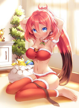 1girl barefoot bikini blue_eyes breasts christmas cleavage dark-skinned_female dark_skin detached_pants earrings feet female_focus gen_1_pokemon gen_5_pokemon highres jewelry krookodile large_breasts long_hair nintendo original personification pikachu pokemon ponytail raichu red_hair santa_bikini santa_costume sitting smile solo swimsuit toes wariza yukiuta_sahiro