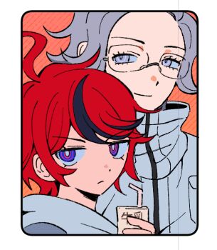 2boys ahoge aotsuki_eito black_streaks blue_eyes bright_pupils drink_carton drinking_straw glasses grey_hair holding holding_milk_carton hood hoodie jacket looking_at_viewer male_focus milk_carton multicolored_hair multiple_boys nodplus50pts orange_background purple_eyes red_hair short_hair streaked_hair sumino_takumi the_hundred_line_-last_defense_academy- two-tone_hair white_hoodie white_jacket white_pupils