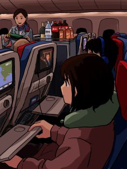 1boy 2girls airplane_interior black_eyes black_hair bottle brown_hair commentary_request flight_attendant headphones highres jacket juice_carton long_sleeves low_ponytail minobe_ghenki multiple_girls neck_pillow open_mouth original ponytail scarf sitting smile soda_bottle television travel_attendant watching_television water_bottle wine_bottle
