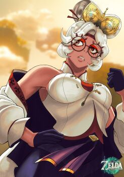 1girl 2023 absurdres arm_up black_gloves black_skirt blurry blurry_background breasts clenched_teeth cloud cloudy_sky coat coat_on_shoulders collarbone commentary dark-skinned_female dark_skin depth_of_field dutch_angle english_commentary eyeshadow female_focus floating_island glasses gloves glowing goggles goggles_on_head gold hair_tie hairdressing half_gloves hand_on_own_hip headband highres kinohmaro lips logo long_sleeves looking_to_the_side makeup mature_female medium_breasts nintendo parted_lips pencil_skirt puffy_long_sleeves puffy_sleeves purah red-tinted_eyewear red_eyes red_eyeshadow red_headband sheikah skirt sky solo sunset teeth the_legend_of_zelda the_legend_of_zelda:_tears_of_the_kingdom thick_lips tinted_eyewear title underbust undershirt upper_body vest white_vest worried