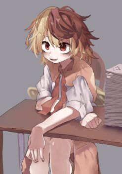 absurdres arm_rest bags_under_eyes blonde_hair capelet chair empty_eyes exhausted grey_background highres medium_hair multicolored_hair muraryo niwatari_kutaka open_mouth orange_capelet orange_eyes orange_hair orange_nails orange_skirt paper paper_stack paperwork shirt shirt_ribbon simple_background sitting skirt sleeve_cuffs table touhou translated two-tone_hair white_shirt