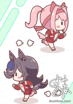 2girls animal_ears blue_flower blue_rose blush blush_stickers bow brown_hair buruma chibi chibi_only ear_bow ear_covers flipped_hair flower gym_uniform hair_over_one_eye hairband haru_urara_(umamusume) hat hat_flower headband highres horse_ears horse_girl horse_tail jacket long_hair multiple_girls pink_hair pink_headband ponytail red_buruma red_headband red_jacket red_shorts rice_shower_(umamusume) rose running shirt shoes shorts socks tail tilted_headwear tracen_training_uniform track_jacket umamusume white_socks yoshiharu_izumi