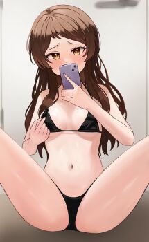 1girl bikini black_bikini breasts brown_eyes brown_hair cellphone dot_nose floris_(saber13) highres holding holding_phone idolmaster idolmaster_million_live! indoors kitazawa_shiho long_hair looking_at_viewer medium_breasts mirror_selfie navel phone selfie sitting smartphone solo spread_legs swimsuit