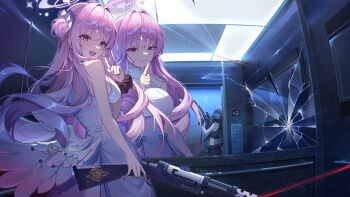 2girls absurdres angel_wings bare_shoulders black_hair black_hat black_mask black_pants black_scrunchie black_shirt blood blood_on_clothes blood_on_face blue_archive blue_bow blue_eyes blue_halo blush bow breasts broken_mirror commentary covered_mouth crack cracked_glass different_reflection dress dual_persona elevator feathered_wings flower grin gun hair_bun hair_flower hair_ornament hair_ribbon halo hat highres index_finger_raised indoors large_breasts long_hair looking_at_viewer low_wings mask median_furrow midriff mika_(blue_archive) mirror mouth_mask multiple_girls open_mouth pants pekoku_(tamago_sushi) pink_eyes pink_hair pink_halo purple_flower reflection ribbon rifle saori_(blue_archive) scrunchie security_camera shirt single_side_bun smile spoilers trinity_general_school_logo weapon white_dress white_ribbon white_wings wings wrist_scrunchie yellow_eyes