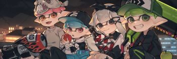 1girl 3boys apple artist_name baseball_cap black_bow black_eyes black_hairband black_hat black_hoodie black_leggings black_shirt black_shorts blue_hair bow bow_hairband carbon_roller_(splatoon) closed_mouth collared_shirt commission eating fangs film_grain food fruit green_eyes green_hair grey_hair grey_sweater grin hair_bow hair_ornament hairband hat highres holding holding_food holding_fruit holding_pillow holding_weapon hood hood_down hoodie inkling inkling_boy inkling_girl inkling_player_character leggings leggings_under_shorts long_hair long_sleeves looking_at_viewer multiple_boys nintendo open_mouth orange_eyes pillow pink_eyes pink_hair pointy_ears prat_rat range_blaster_(splatoon) shirt short_hair shorts smile splatoon_(series) splattershot_jr._(splatoon) squeezer_(splatoon) sweater tentacle_hair two-tone_shirt watermark weapon white_shirt x_hair_ornament
