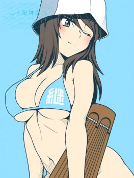 Rule 34 | 1girl, bikini, blue background, blue bikini, blush, breasts, brown eyes, brown hair, cleavage, closed mouth, collarbone, girls und panzer, instrument, kantele, large breasts, long hair, mika (girls und panzer), navel, one eye closed, oosaka kanagawa, simple background, smile, solo, swimsuit, tulip hat