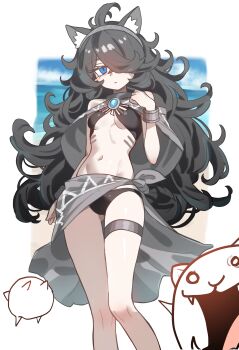 Rule 34 | 1girl, absurdres, animal ears, beach, black hair, blue eyes, bracer, breasts, cat ears, ebora, hair over one eye, highres, kasli (nyanko daisensou), long hair, navel, nyanko daisensou, small breasts, standing, swimsuit, thigh strap, very long hair, wrist cuffs