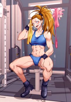 1girl abs bandaid bandaid_on_face black_footwear blue_bra blue_eyes blue_panties blush boots bra breasts breath brown_hair captain_mizuki collarbone earrings female_focus gym gym_equipment gym_uniform highres holding holding_towel indoors jewelry long_hair looking_to_the_side midriff muscular muscular_female navel one-punch_man open_mouth panties ponytail punching_bag shadow shiny_clothes shiny_skin shoes sitting slime_(substance) smile solo sports_bra sweat tareme towel underwear very_long_hair weights window wiping_forehead wiping_sweat wristband