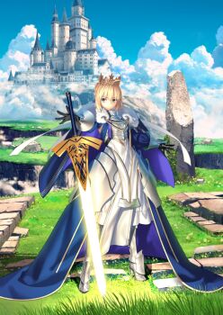 1girl ahoge armor armored_boots armored_dress artoria_pendragon_(fate) blonde_hair blue_dress boots braid cape castle closed_mouth cloud cloudy_sky crown dress fate/grand_order fate_(series) fur-trimmed_cape fur_trim gauntlets glowing glowing_weapon grass green_eyes holding holding_sword holding_weapon looking_at_viewer lord_logres_(fate) lord_logres_(third_ascension)_(fate) official_art short_hair sky solo sword takeuchi_takashi third-party_source variant_set weapon white_dress