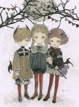 3girls acrylic_paint_(medium) bat_wings black_background blonde_hair branch brown_hair closed_mouth commentary_request dress full_body halloween highres holding holding_hands holding_lantern holding_wand horns karintoun lace lantern long_sleeves looking_at_viewer medium_hair moon multiple_girls night original outdoors painting_(medium) shoes short_hair signature single_horn smile standing striped_clothes striped_dress traditional_media tree wand watercolor_(medium) wings