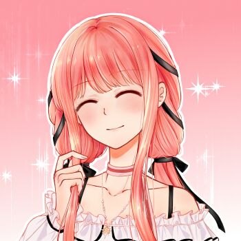 Rule 34 | 1girl, ^ ^, bare shoulders, bead necklace, beads, black ribbon, blunt bangs, bow, bow choker, bowtie, bra strap, chinese commentary, choker, closed eyes, closed mouth, collarbone, commentary request, fingernails, frilled shirt, frilled sleeves, frills, gradient background, hair ribbon, happy, heart, hexagram, highres, holding, holding own hair, infinity nikki, jewelry, light blush, lips, long hair, long sidelocks, long sleeves, low twintails, naichayinyinyinzi, necklace, nikki (nikki), nikki (series), off-shoulder shirt, off shoulder, outline, perfect start (infinity nikki), pink background, pink bow, pink bowtie, pink choker, pink hair, puffy long sleeves, puffy sleeves, ribbon, shirt, sidelocks, single stripe, smile, solo, sparkle, star (symbol), star necklace, striped bow, striped bowtie, striped choker, striped clothes, textless version, tress ribbon, twintails, upper body, variant set, white outline, white shirt