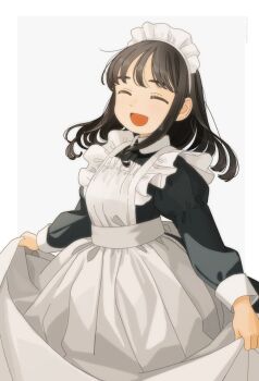 1girl :d akai_sashimi apron artist_name ascot black_dress border closed_eyes clothes_lift collared_dress cowboy_shot dress frilled_apron frills grey_background high-waist_skirt juliet_sleeves light_blush long_skirt long_sleeves maid maid_headdress medium_hair open_mouth original outside_border puffy_sleeves simple_background skirt skirt_lift sleeve_cuffs smile solo standing white_ascot white_border white_headdress white_skirt