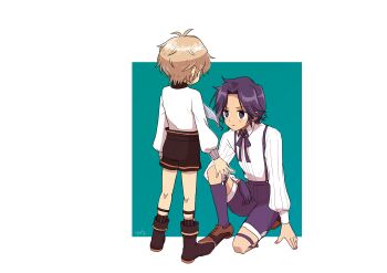 2boys absurdres back black_hair blonde_hair border collared_shirt commentary commentary_request gloves highres kamshim_(okiraku_ryoushu) kneehighs kneeling legwear_garter long_sleeves male_focus multiple_boys neck_ribbon okiraku_ryoushu_no_tanoshii_ryouchi_bouei_~seisan-kei_majutsu_de_na_mo_naki_mura_wo_saikyou_no_jousai_toshi_ni~ outside_border parted_lips ribbon shirt short_hair shorts single_glove socks standing suspenders van_nei_fertio white_border yas9_9