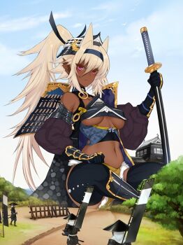 1girl armor artist_request banner blush breasts castle dark-skinned_female dark_elf dark_skin detached_sleeves elf giant giantess hat indian_style japanese_armor jingasa katana large_breasts long_hair multiple_boys navel personification pink_eyes pointy_ears ponytail sansei_muramasa sashimono shoulder_armor sitting sode solo_focus soukou_akki_muramasa suneate sword thighhighs underboob very_dark_skin weapon white_hair
