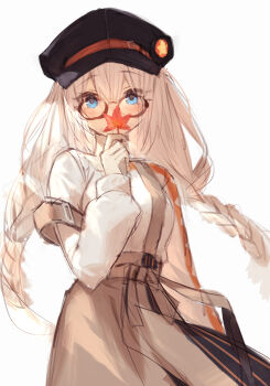 Rule 34 | 1girl, a.i. voice, absurdres, autumn leaves, black hat, blue eyes, braid, breasts, brown-framed eyewear, brown skirt, covered mouth, diieru, glasses, grey hair, hat, highres, holding, holding leaf, kizuna akari, kizuna akari (a.i. voice), leaf, long hair, looking at viewer, low twintails, maple leaf, medium breasts, newsboy cap, semi-rimless eyewear, shirt, simple background, sketch, skirt, solo, suspender skirt, suspenders, suspenders slip, twin braids, twintails, under-rim eyewear, very long hair, white background, white shirt