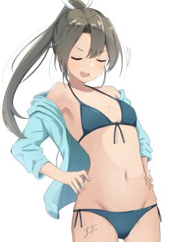 1girl absurdres bikini blue_bikini blue_jacket breasts closed_eyes front-tie_bikini_top front-tie_top grey_hair groin hands_on_own_hips highres hood hooded_jacket jacket jacket_over_swimsuit kantai_collection leaning_forward long_hair navel official_alternate_costume official_alternate_hairstyle ponytail side-tie_bikini_bottom simple_background small_breasts solo sukimizaki swimsuit white_background zuikaku_(kancolle) zuikaku_(swimsuit)_(kancolle) zuikaku_kai_ni_(kancolle)