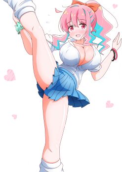 1girl blue_hair blue_skirt blush bracelet breasts cleavage collarbone commentary_request gyaru hair_between_eyes heart highres hozuki_kaede imai_kazunari jewelry large_breasts long_hair looking_at_viewer loose_socks multicolored_hair onii-chan_wa_oshimai! pink_eyes pink_hair pleated_skirt ponytail school_uniform shirt sidelocks simple_background skirt smile socks solo split standing standing_on_one_leg standing_split two-tone_hair white_background white_shirt white_socks