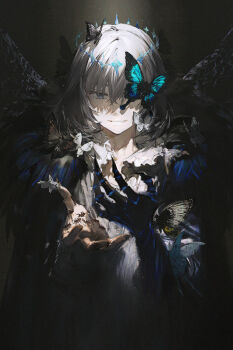 1boy ant arthropod_boy arthropod_limbs bishounen blue_butterfly bug butterfly butterfly_over_eye cloak commentary dark_background diamond_hairband fate/grand_order fate_(series) fur-trimmed_cloak fur_trim grey_hair hair_between_eyes highres holding_bug insect looking_at_viewer male_focus medium_hair moth oberon_(fate) oberon_(third_ascension)_(fate) reaching reaching_towards_viewer rella shirt smile solo spotlight upper_body white_shirt wing_cape
