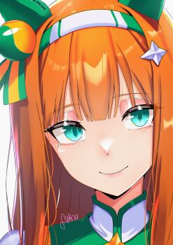 Rule 34 | 1girl, absurdres, animal ears, blue eyes, blunt bangs, blush, bow, commentary, ear bow, ear covers, ear flower, english commentary, fukou, green eyes, hair ornament, hairband, highres, hime cut, horse ears, horse girl, long hair, looking at viewer, orange hair, shirt, silence suzuka (innocent silence) (umamusume), silence suzuka (umamusume), smile, solo, umamusume, white hairband