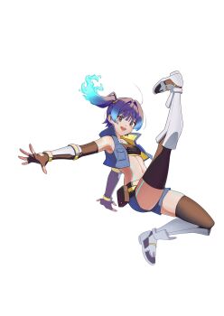 1girl blue_hair blue_shorts blue_vest body_markings boots breasts commentary crop_top dated_commentary fiery_hair full_body glowing_lines glowing_markings grey_eyes hehe_jun highres knee_boots looking_at_viewer loose_hair_strand navel open_clothes open_mouth open_vest sena_(xenoblade) shorts side_ponytail simple_background small_breasts smile solo thighhighs vest white_background white_boots xenoblade_chronicles_(series) xenoblade_chronicles_3