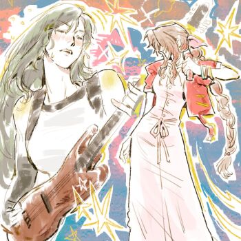 2boys aerith_gainsborough bangle bare_shoulders black_bra black_gloves black_hair blush bra bracelet braid braided_ponytail breasts brown_hair buttons closed_eyes cowboy_shot cropped_jacket dress earrings elbow_gloves final_fantasy final_fantasy_vii final_fantasy_vii_rebirth final_fantasy_vii_remake gloves guitar hair_over_eyes hair_ribbon holding holding_guitar holding_instrument holding_microphone instrument jacket jeremr jewelry long_dress long_hair medium_breasts microphone multiple_boys music open_mouth parted_bangs pink_dress pink_ribbon red_jacket ribbon shirt short_sleeves sidelocks singing single_braid sketch sports_bra suspenders sweat tifa_lockhart underwear upper_body white_shirt