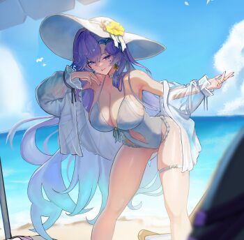 1girl absurdres alternate_costume bare_shoulders blue_eyes blue_sky cantarella_(wuthering_waves) casual_one-piece_swimsuit commentary day earrings facial_mark feet_out_of_frame fingernails flower hair_between_eyes halterneck hands_up hat hat_flower highres jacket jewelry leaning_forward looking_at_viewer mark_under_eye mole mole_under_eye nail_polish ocean off_shoulder one-piece_swimsuit open_clothes open_jacket outdoors parted_lips purple_hair purple_nails see-through_clothes see-through_jacket sky smile solo standing swimsuit thigh_strap thighs toenails uinref white_hat white_jacket white_one-piece_swimsuit wuthering_waves