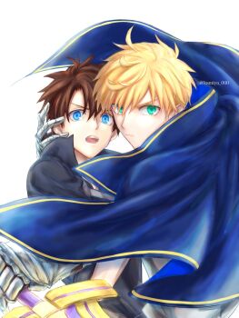 2boys ahoge aqua_eyes arthur_pendragon_(fate) artist_name belt black_shirt blonde_hair blue_cape blue_eyes brown_hair cape closed_mouth excalibur_(fate/prototype) fate/grand_order fate_(series) floating_cape from_behind fujimaru_ritsuka_(male) fujimaru_ritsuka_(male)_(polar_chaldea_uniform) gauntlets grey_armor grey_belt hair_between_eyes hand_up highres holding holding_sword holding_weapon kamiya_(kamiya_000) looking_at_viewer male_focus multiple_boys open_mouth protecting shirt short_hair short_sleeves simple_background sword teeth v-shaped_eyebrows weapon white_background