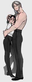 2n5 absurdres age_difference beard_stubble black_pants brown_hair character_request commentary facial_hair glasses grey_hair hair_between_eyes height_difference high-waist_pants highres looking_at_viewer mature_male multicolored_hair original pants round_eyewear shoes short_hair smile streaked_hair stubble tall_male toned toned_male topless_male white_background