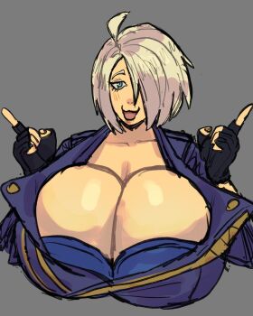 1girl angel_(kof) blue_eyes breasts female_focus gloves hands_up henfent highres huge_breasts jacket large_breasts leather looking_at_viewer pale_skin short_hair smile smiley_face tentecruel the_king_of_fighters white_hair