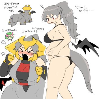 2girls blush commentary creature_and_personification dress elbow_gloves fake_horns fat flower gen_4_pokemon giratina giratina_(altered) gloves green_hair grey_hair hair_flower hair_ornament high_ponytail horned_headwear horns kasugai_(de-tteiu) legendary_pokemon maiden_(kasugai_(de-tteiu)) multiple_girls mythical_pokemon nasya_(kasugai_(de-tteiu)) nintendo personification pokemon ponytail red_eyes shaymin shaymin_(land) sleeveless sleeveless_dress squiggle sweatdrop tail translated