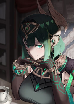 1girl absurdres armlet black_gloves blurry blurry_background breasts closed_mouth commentary cup earpiece elbow_gloves facial_mark gendou_pose genshin_impact gloves green_eyes hands_clasped headgear highres indoors ino_(kzhu5545) jewelry large_breasts looking_at_viewer mark_under_eye mole mole_under_eye nefer_(genshin_impact) own_hands_clasped own_hands_together smile solo teacup