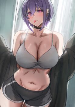 1girl absurdres bang_dream! bang_dream!_it's_mygo!!!!! black_choker black_shorts bra breasts character_request choker cleavage collar collarbone granhiert grey_bra hair_between_eyes highres navel pink_eyes purple_hair short_shorts shorts solo tongue tongue_out underwear yuutenji_nyamu
