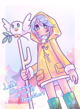 Rule 34 | 091287346, aura (jubilee 2025), bird, blue eyes, blue hair, cane, cross, dove, english text, green footwear, highres, holding, holding cane, hood, jubilee 2025, luce (jubilee 2025), olive branch, raincoat, rosary, watermark