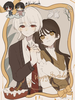 1boy 1girl absurdres aged_down birthday_cake blackseek brother_and_sister brown_cardigan brown_hair cake cardigan chibi chibi_inset chinese_commentary collar collared_shirt commentary_request diagonal-striped_clothes diagonal-striped_necktie dress_shirt expressionless food frilled_collar frilled_sleeves frills grin happy_birthday highres holding_hands long_sleeves necktie red_eyes red_necktie saihate_eki shirt siblings smile striped_clothes sweater_vest tatsunami_shion tenjiku_aoi twins upper_body white_hair white_shirt yellow_eyes yellow_sweater_vest