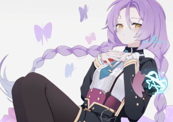 1girl blue_necktie braid brown_pantyhose butler clorica_(rune_factory) corset crossdressing crossdressing_(ftm) female_butler hair_between_eyes interlocked_fingers juliet_sleeves long_hair long_sleeves looking_at_viewer necktie own_hands_together pantyhose puffy_shorts puffy_sleeves purple_corset purple_hair rune_factory rune_factory_4 shorts solo strawberry_a_me twin_braids yellow_eyes