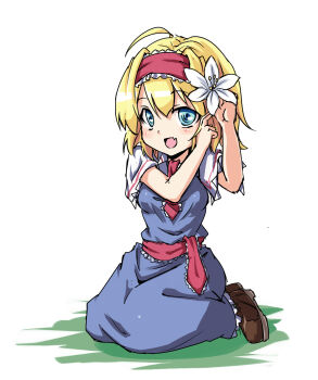 Rule 34 | 1girl, :d, ahoge, alice margatroid, blonde hair, blue dress, blue eyes, blush, boots, brown boots, capelet, chinese commentary, commentary request, dress, fang, flower, frilled hairband, frills, full body, hair flower, hair ornament, hairband, highres, kneeling, koissa, looking at viewer, necktie, open mouth, red hairband, red necktie, red sash, sash, short hair, simple background, skin fang, smile, solo, touhou, white background, white capelet