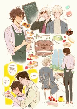 ahoge alternate_costume alternate_universe apron belial_(granblue_fantasy) blue_eyes blue_jacket blush book brown_hair cafe cake chair coffee commentary cup denim donut english_commentary english_text eyewear_on_head food fork fruit full_body granblue_fantasy green_apron grin hair_between_eyes height_difference highres holding holding_book holding_cup jacket jeans lucifer_(shingeki_no_bahamut) lucio_(granblue_fantasy) macaron menu messy_hair multiple_boys multiple_views ngop on_chair open_clothes open_jacket pants pastry red_eyes sandalphon_(granblue_fantasy) short_hair sign smile sparkle speech_bubble spiked_hair strawberry sweater teasing tray tsundere turtleneck turtleneck_sweater waiter white_hair window