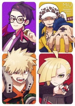 Rule 34 | 4boys, absurdres, ahoge, bakugou katsuki, black-framed eyewear, black jacket, black shirt, blonde hair, boku no hero academia, border, closed mouth, collared shirt, commentary request, corbeau (pokemon), crossover, dusk ball, facial hair, gladion (pokemon), glasses, green eyes, grin, hair over one eye, hand tattoo, hand up, hat, highres, holding, holding poke ball, hood, hood down, hooded vest, hoodie, jacket, male focus, miu (miuuu 721), multiple boys, multiple crossover, necktie, nintendo, one piece, open clothes, open jacket, poke ball, poke ball (basic), pokemon, pokemon legends: z-a, pokemon sm, purple shirt, red eyes, round eyewear, shirt, short hair, smile, spiked hair, tattoo, teeth, trafalgar law, vest, white border, white hat, white necktie