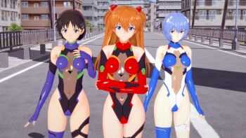 3d 3girls adapted_costume alternate_breast_size alternate_costume artist_request ayanami_rei bare_shoulders black_hair boots breasts city cosplay covered_navel crossed_arms elbow_gloves genderswap genderswap_(mtf) gloves hair_ornament hairclip highleg highleg_leotard ikari_shinji leotard long_hair looking_at_viewer medium_breasts multiple_girls neon_genesis_evangelion red_leotard revealing_clothes road see-through_clothes see-through_leotard shiny_skin short_hair smile souryuu_asuka_langley standing street taimanin_(series) taimanin_suit teamwork thigh_boots twintails two_side_up very_long_hair white_leotard wide_hips