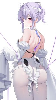 1girl absurdres ahoge ass backless_leotard bare_shoulders breasts commentary crossed_bangs detached_sleeves frilled_leotard frills from_behind goddess_of_victory:_nikke hair_between_eyes highres juliet_sleeves leotard liberalio_(nikke) long_sleeves looking_at_viewer looking_back medium_breasts nannung one_side_up pantyhose puffy_sleeves purple_hair red_eyes short_hair shoulder_blades simple_background sleeves_past_fingers sleeves_past_wrists solo standing strapless strapless_leotard symbol-only_commentary very_long_sleeves white_background white_leotard white_pantyhose